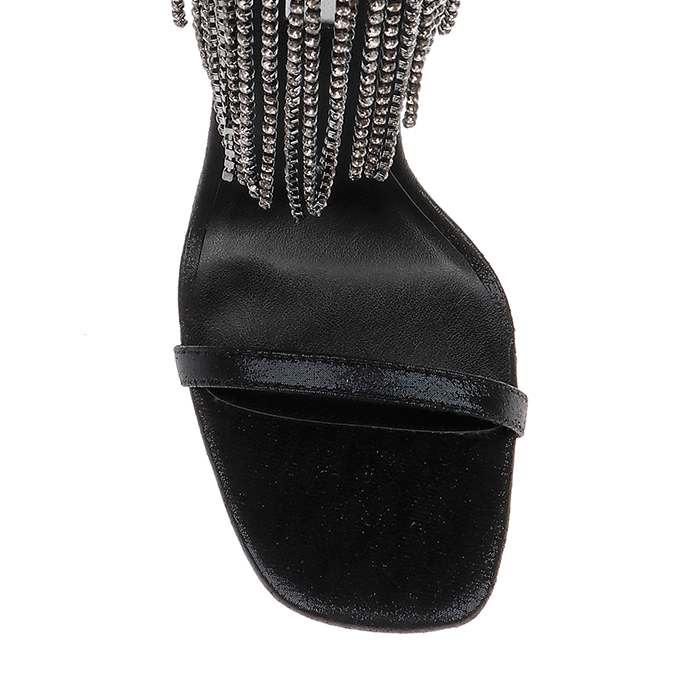 Black Shimmer Sand Fabric & Crystal Chain Stiletto Sandal - Side View