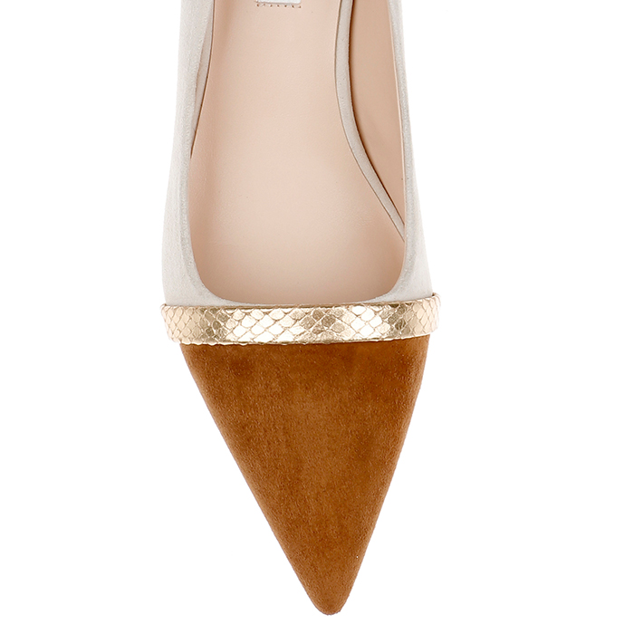 Cream Mixed Kid Suede Middle Heel Pump - Angle View